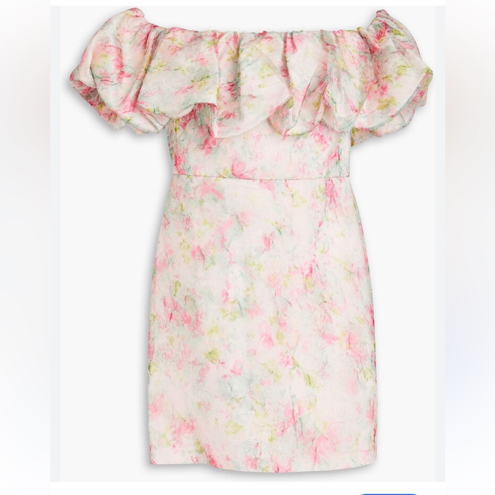 Monique Lhuillier Off the Shoulder Printed Organza Mini Dress